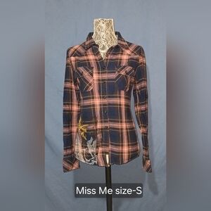 Miss Me Navy and Pink Plaid Shirt with Graphic Detail